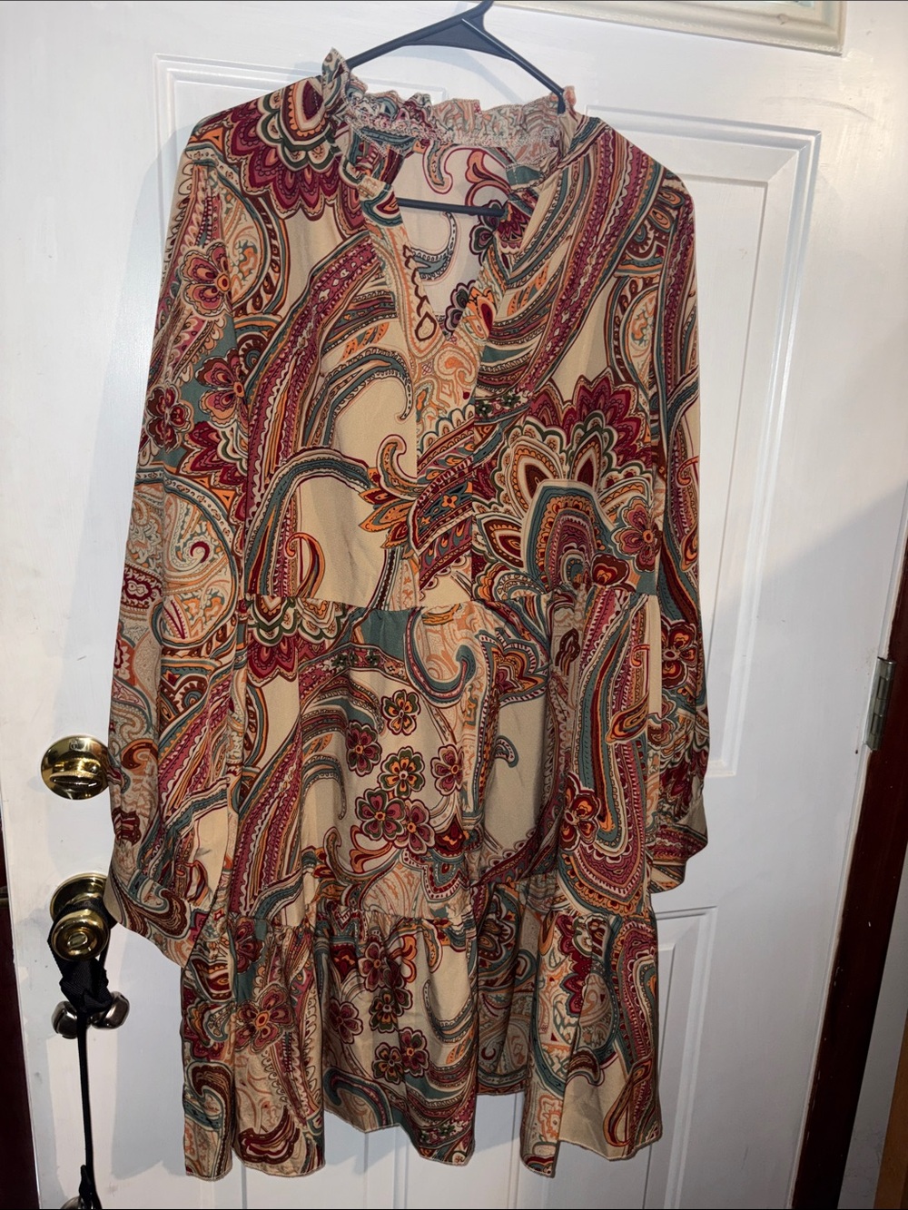 Paisley Tiered Long-Sleeve Dress in Cream and Multi